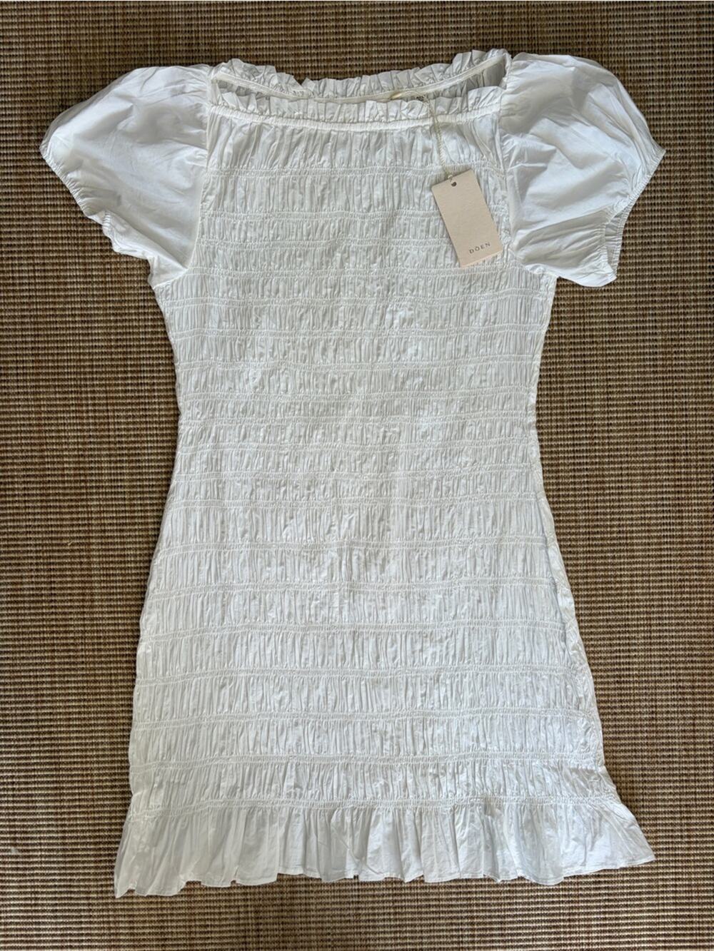 NWT Doen Rizzo Cotton Poplin Smocked Puff Short Sleeve Mini Dress Salt White